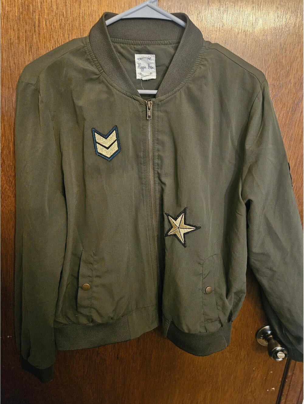 Hippie Rose XL Olive Green Bomber Jacket with Star and Chevron Patches